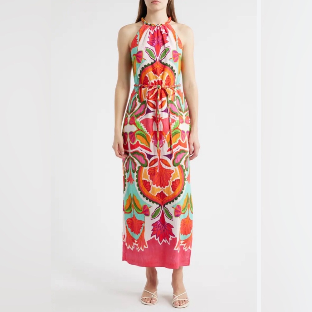 NWT Vince Camuto Sz 12 Day Crepe Midi Dress Halter Boho Print Rope Inspired Belt